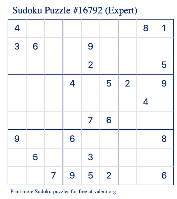 Free Printable Expert Sudoku Puzzle number 16792