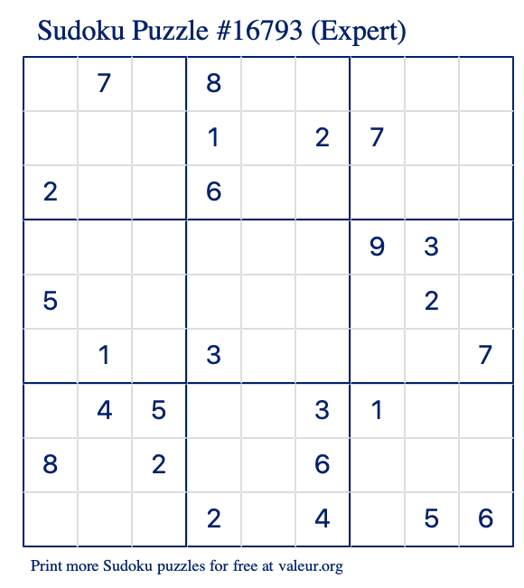 Free Printable Expert Sudoku Puzzle number 16793