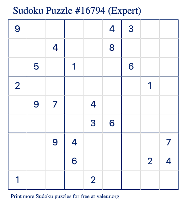 Free Printable Expert Sudoku Puzzle number 16794