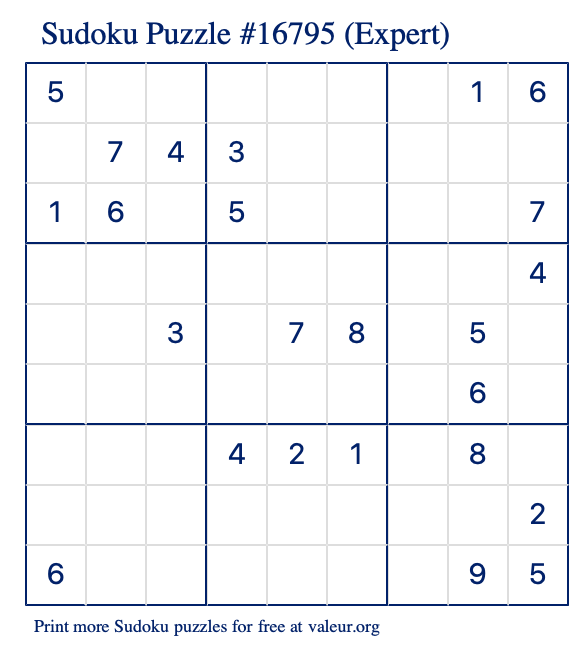 Free Printable Expert Sudoku Puzzle number 16795