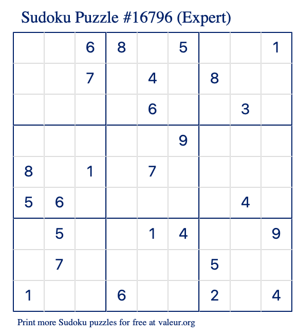 Free Printable Expert Sudoku Puzzle number 16796