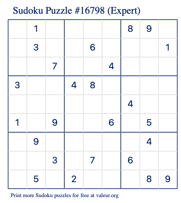 Free Printable Expert Sudoku Puzzle number 16798