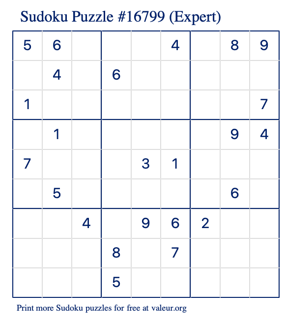 Free Printable Expert Sudoku Puzzle number 16799