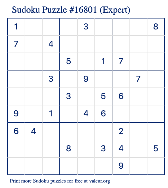 Free Printable Expert Sudoku Puzzle number 16801