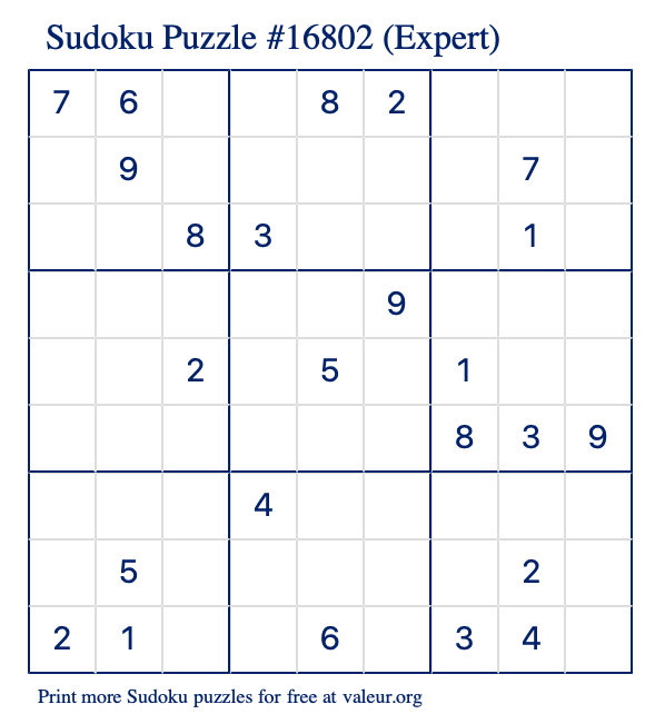 Free Printable Expert Sudoku Puzzle number 16802