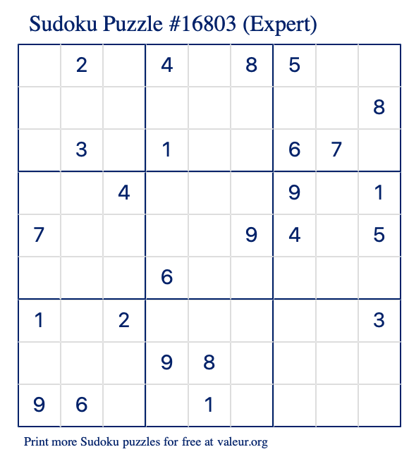 Free Printable Expert Sudoku Puzzle number 16803