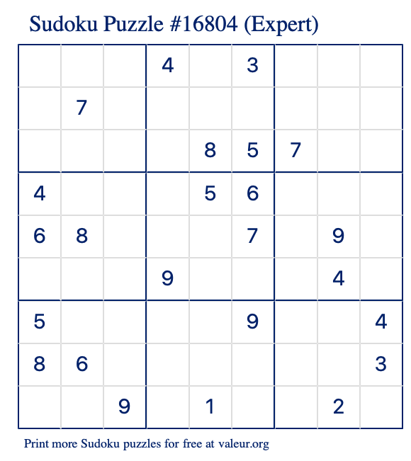 Free Printable Expert Sudoku Puzzle number 16804