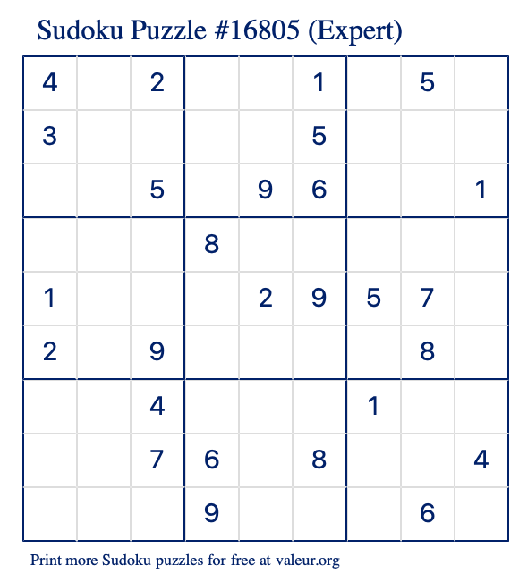 Free Printable Expert Sudoku Puzzle number 16805