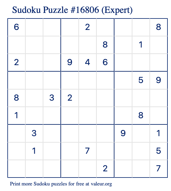 Free Printable Expert Sudoku Puzzle number 16806