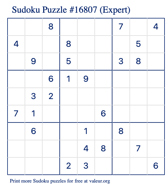 Free Printable Expert Sudoku Puzzle number 16807