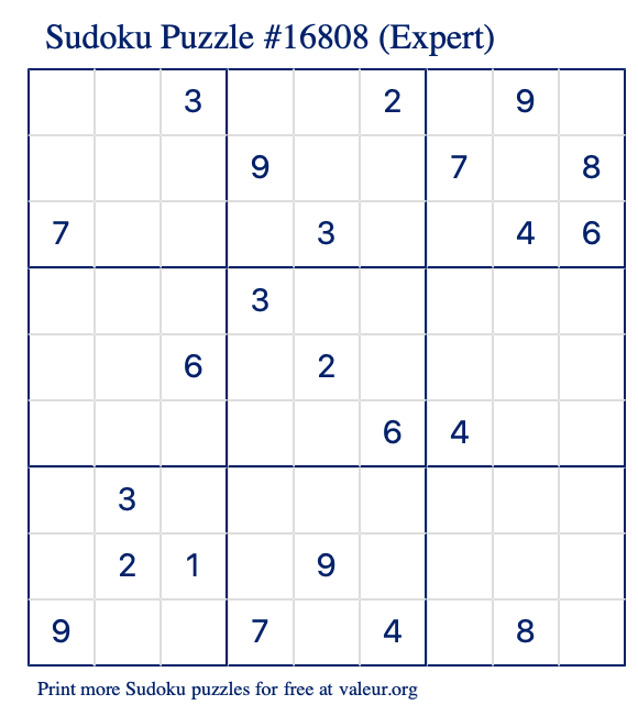 Free Printable Expert Sudoku Puzzle number 16808