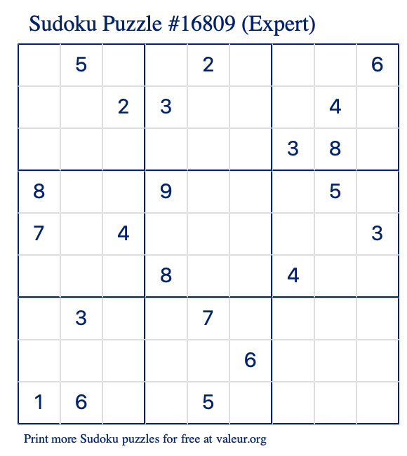 Free Printable Expert Sudoku Puzzle number 16809