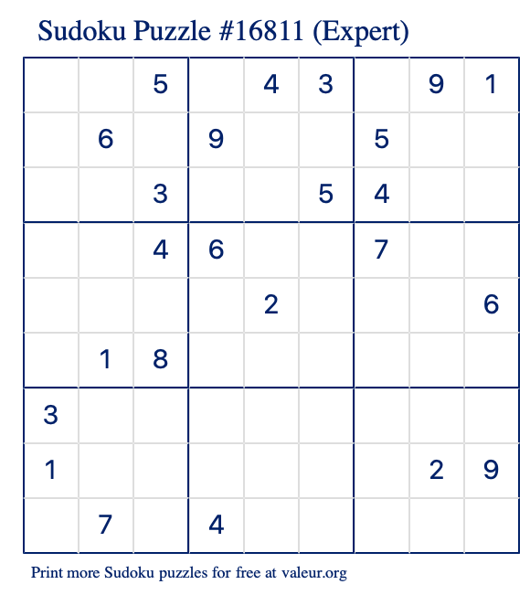 Free Printable Expert Sudoku Puzzle number 16811