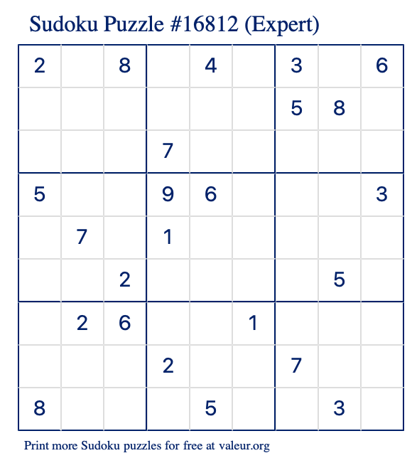 Free Printable Expert Sudoku Puzzle number 16812