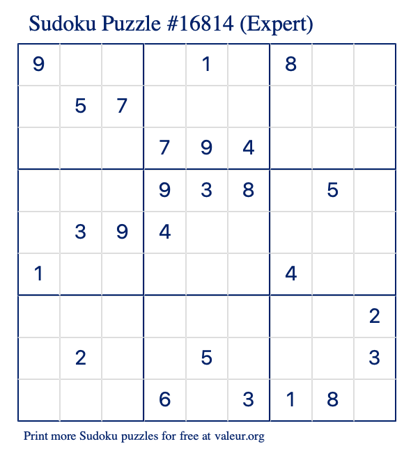 Free Printable Expert Sudoku Puzzle number 16814