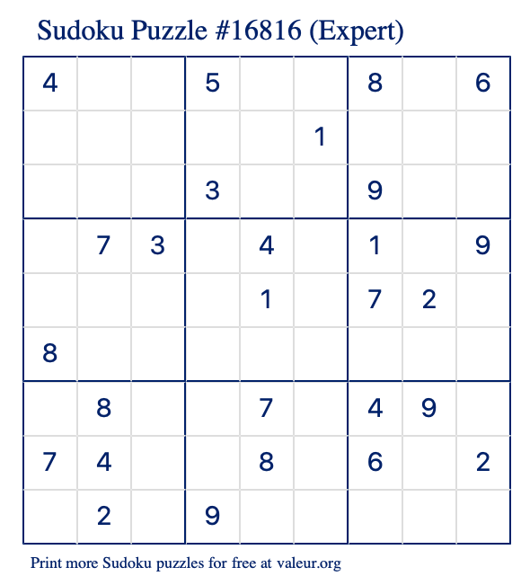 Free Printable Expert Sudoku Puzzle number 16816