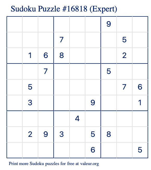 Free Printable Expert Sudoku Puzzle number 16818