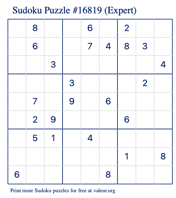 Free Printable Expert Sudoku Puzzle number 16819