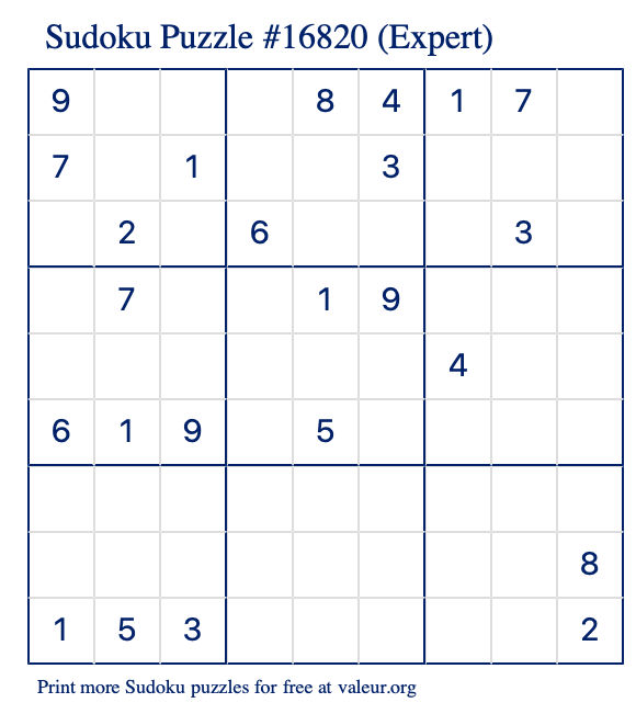 Free Printable Expert Sudoku Puzzle number 16820