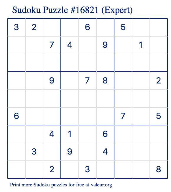 Free Printable Expert Sudoku Puzzle number 16821