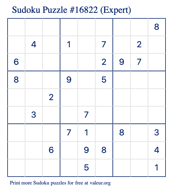 Free Printable Expert Sudoku Puzzle number 16822