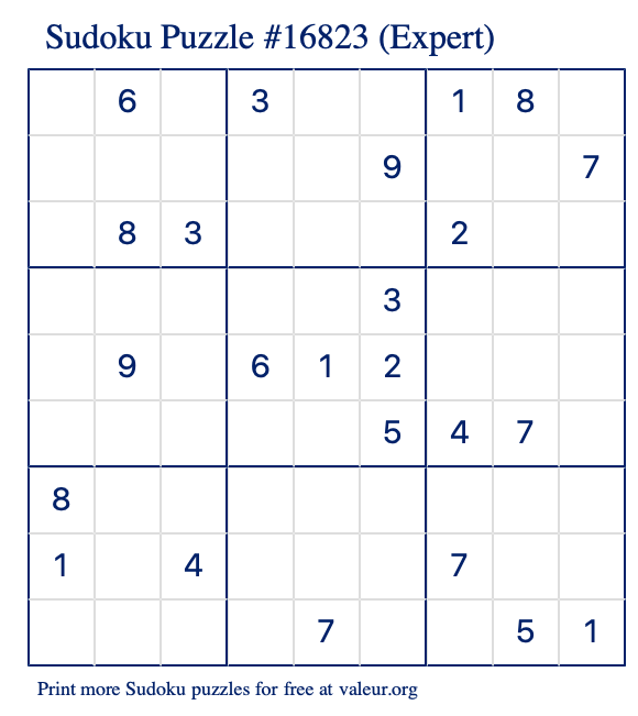 Free Printable Expert Sudoku Puzzle number 16823