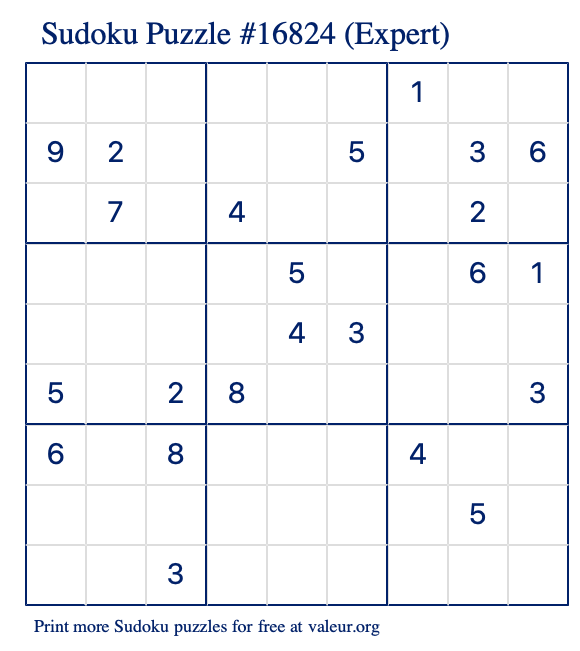 Free Printable Expert Sudoku Puzzle number 16824