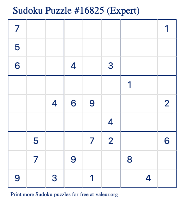 Free Printable Expert Sudoku Puzzle number 16825