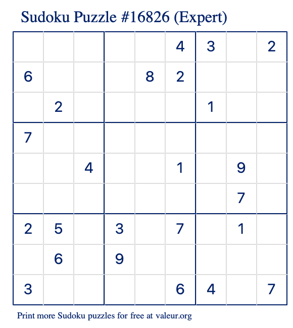 Free Printable Expert Sudoku Puzzle number 16826