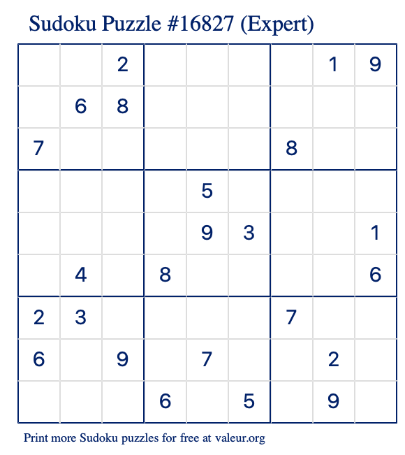 Free Printable Expert Sudoku Puzzle number 16827