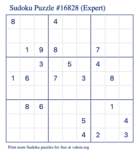 Free Printable Expert Sudoku Puzzle number 16828