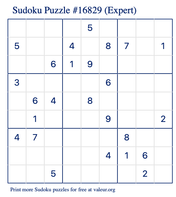 Free Printable Expert Sudoku Puzzle number 16829