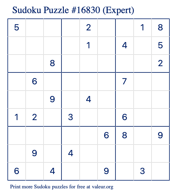 Free Printable Expert Sudoku Puzzle number 16830