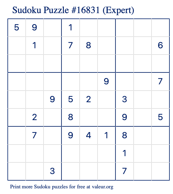 Free Printable Expert Sudoku Puzzle number 16831