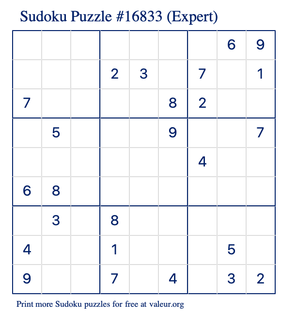 Free Printable Expert Sudoku Puzzle number 16833