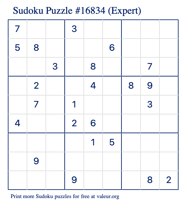 Free Printable Expert Sudoku Puzzle number 16834