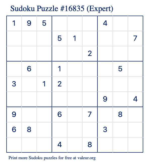 Free Printable Expert Sudoku Puzzle number 16835