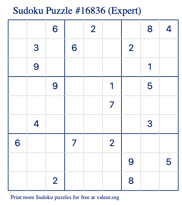 Free Printable Expert Sudoku Puzzle number 16836