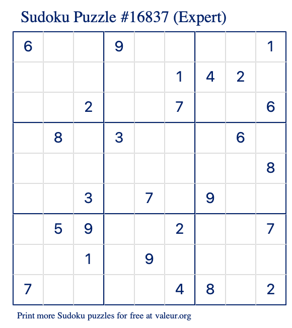 Free Printable Expert Sudoku Puzzle number 16837