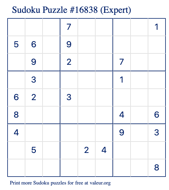 Free Printable Expert Sudoku Puzzle number 16838