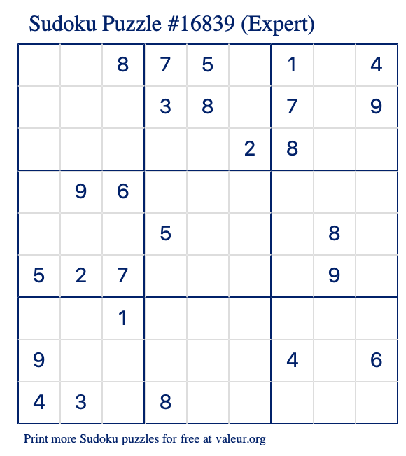 Free Printable Expert Sudoku Puzzle number 16839