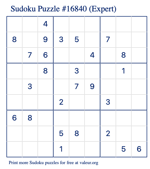 Free Printable Expert Sudoku Puzzle number 16840