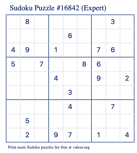 Free Printable Expert Sudoku Puzzle number 16842