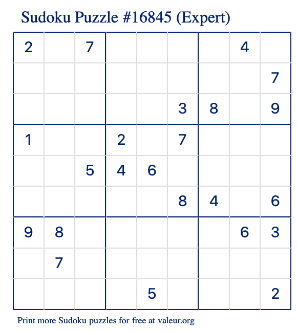 Free Printable Expert Sudoku Puzzle number 16845