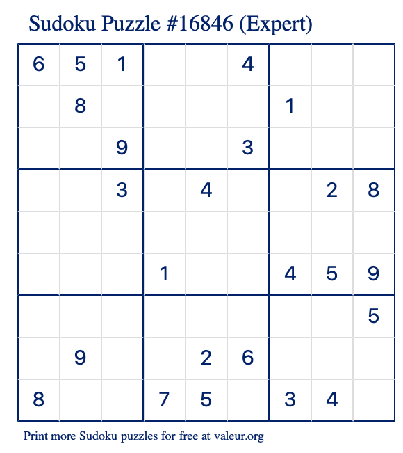 Free Printable Expert Sudoku Puzzle number 16846