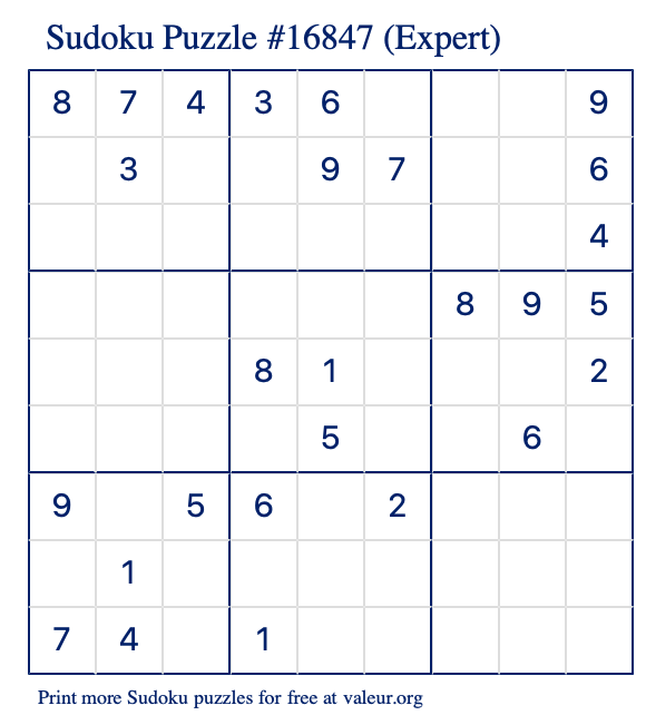 Free Printable Expert Sudoku Puzzle number 16847