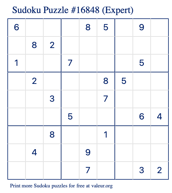 Free Printable Expert Sudoku Puzzle number 16848