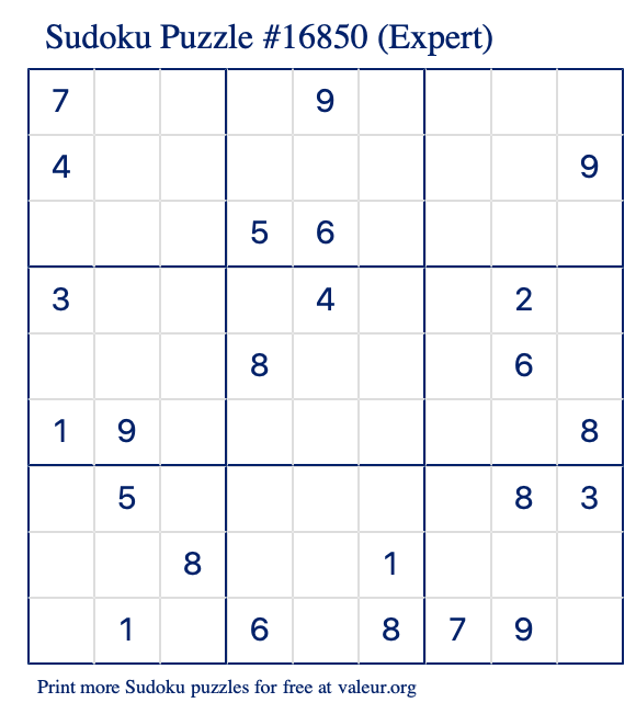 Free Printable Expert Sudoku Puzzle number 16850