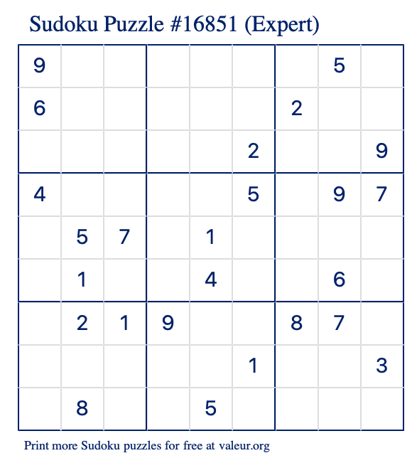 Free Printable Expert Sudoku Puzzle number 16851