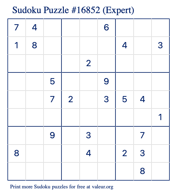 Free Printable Expert Sudoku Puzzle number 16852